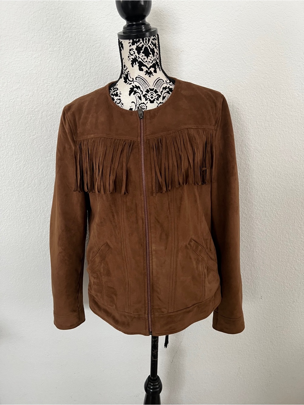 Express Brown Faux Suede Fringe Jacket Large Western Boho Moto Zip